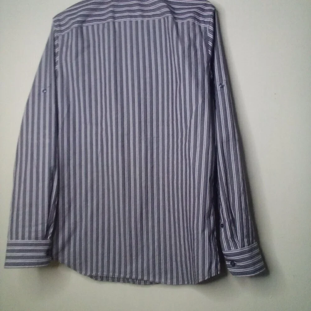 Banana Republic Shirt Men S 14 14 1/2 Slim Fit Button Up Pockets Stripe Gray Red